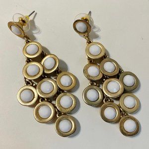 White Stone Earrings Gold Tone Metal Multi Tiers Chandelier Pierced Dangle